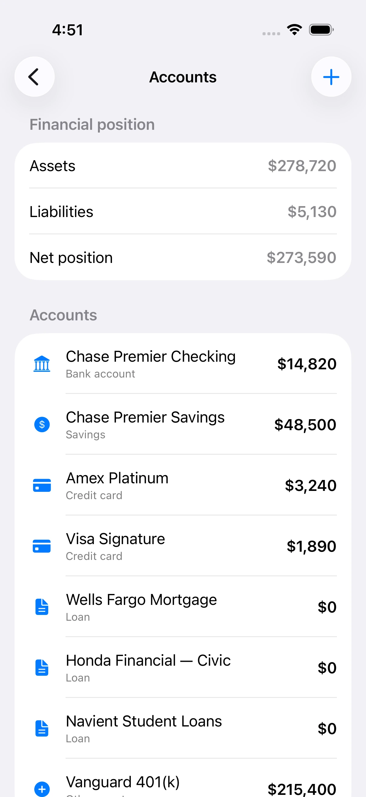 SpendTally Accounts screen showing assets, liabilities, net position, and the full account list