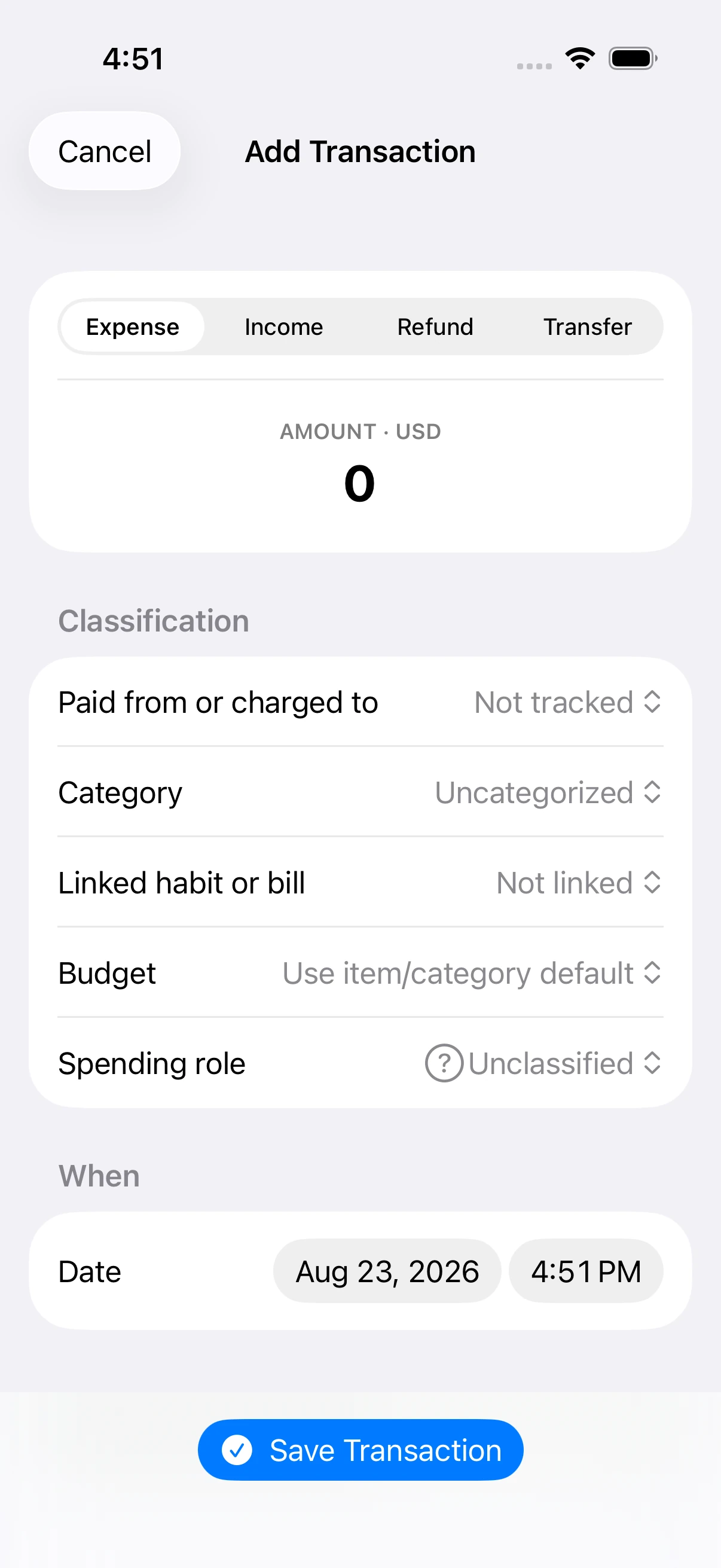 SpendTally Add Transaction editor with expense, income, refund, and transfer modes