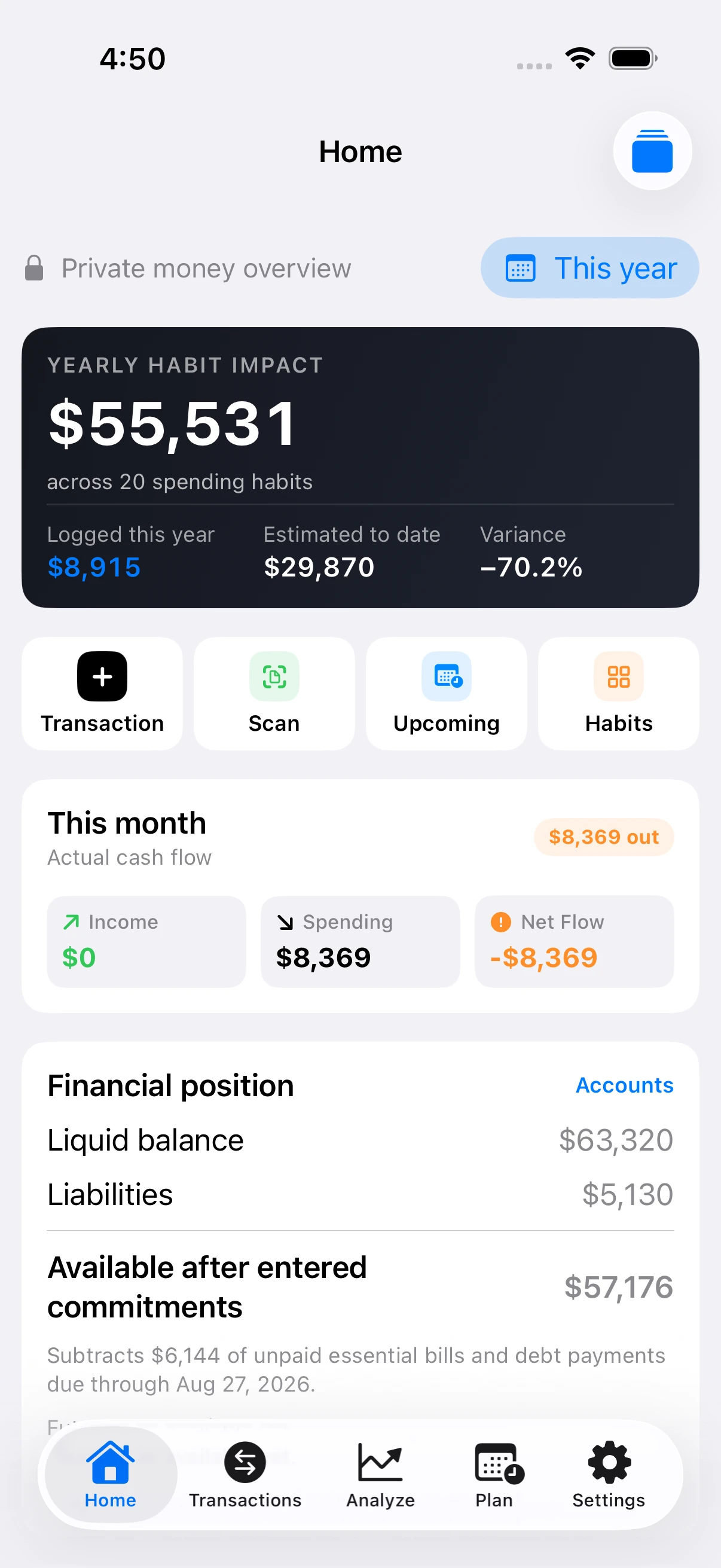 SpendTally Home tab with yearly habit impact, quick actions, monthly cash flow, and financial position