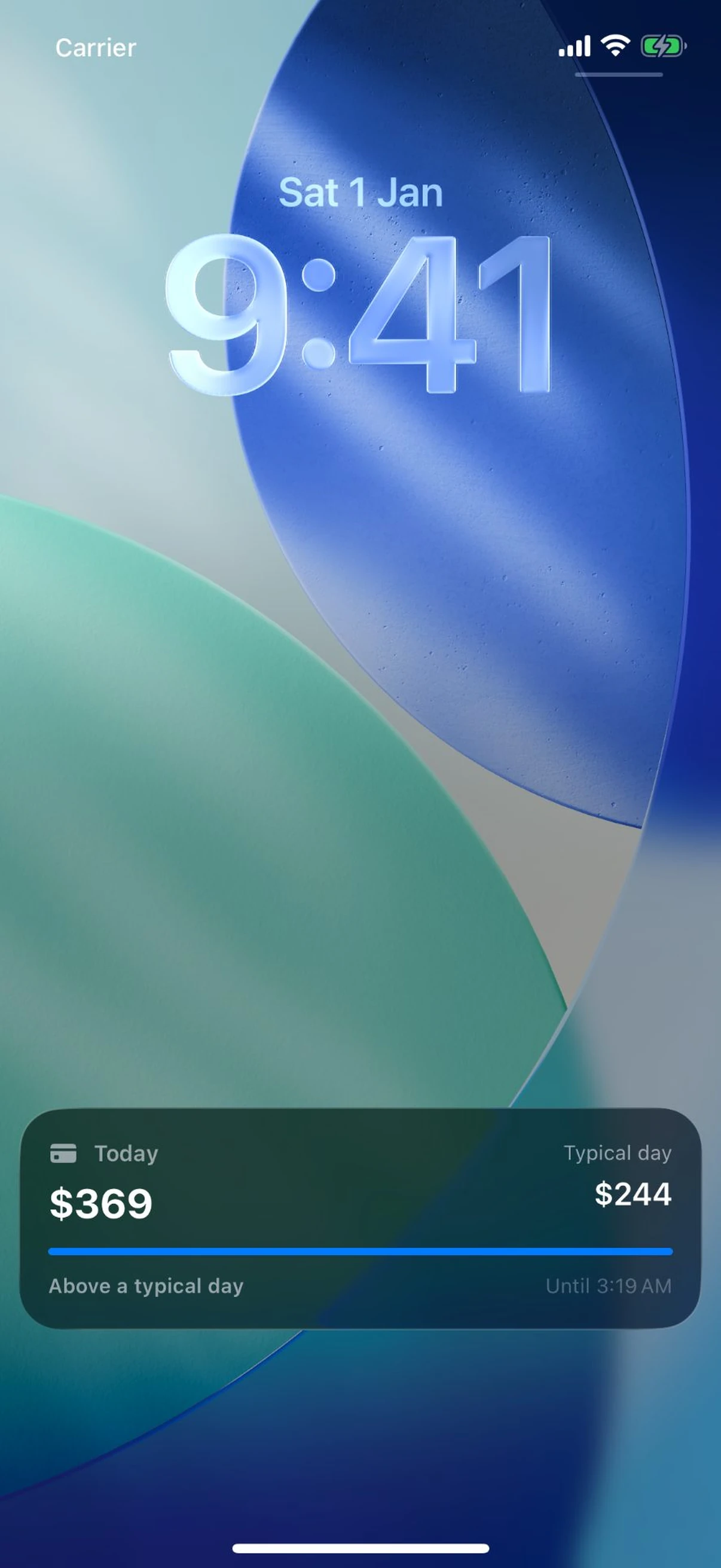 iPhone Lock Screen showing the SpendTally Live Activity comparing today's spending to a typical day