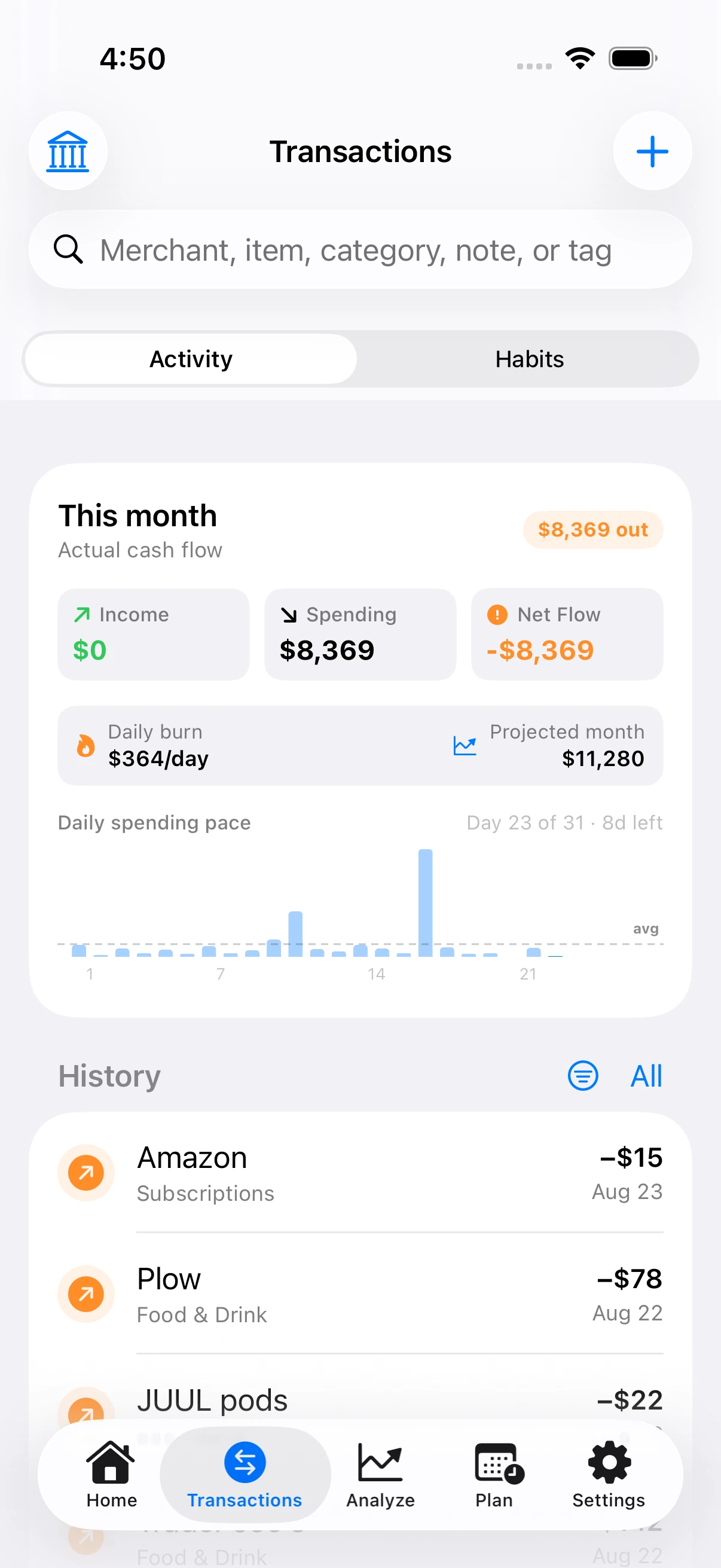 SpendTally Transactions tab with search, daily spending pace chart, and history list