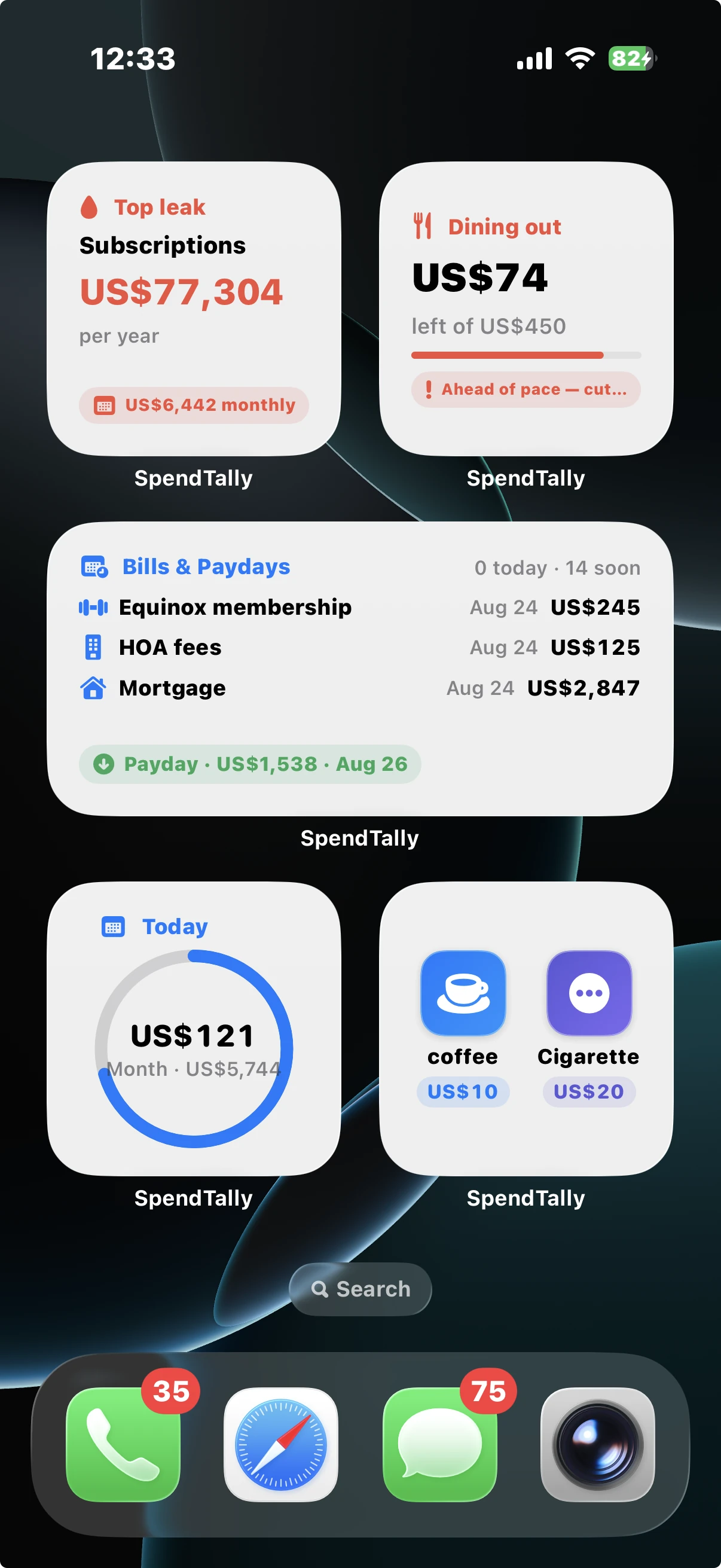 iPhone Home Screen showing SpendTally widgets for top leak, dining out budget, bills and paydays, today total, and Quick Add buttons